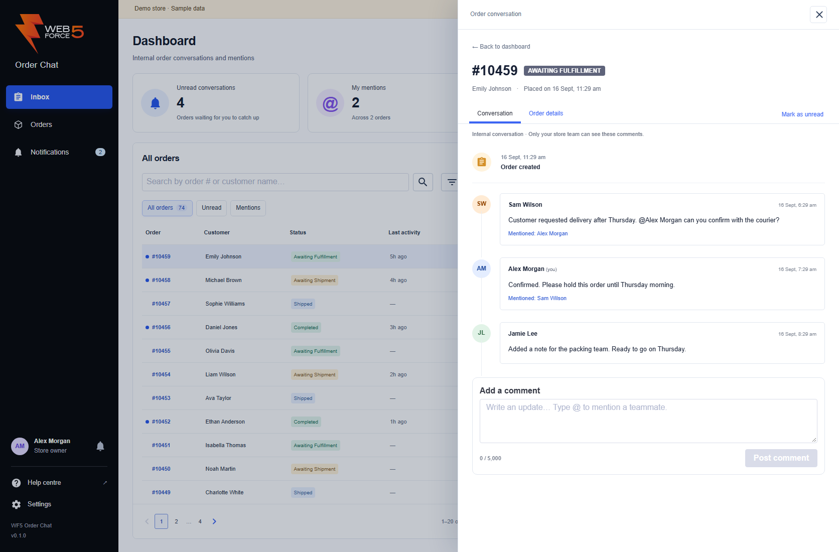 Inbox with an order conversation open in the right-hand drawer