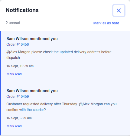Notification bell panel with individual mentions and read controls