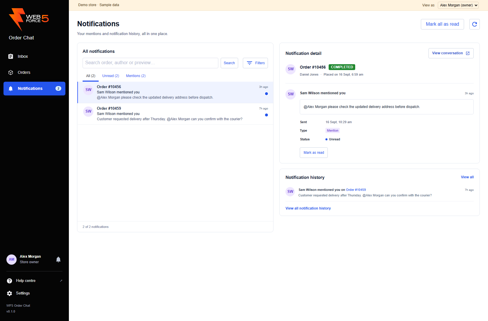 Notifications workspace with message list, selected detail and recent history
