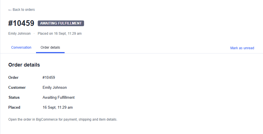 Order details tab with customer, status and placement date