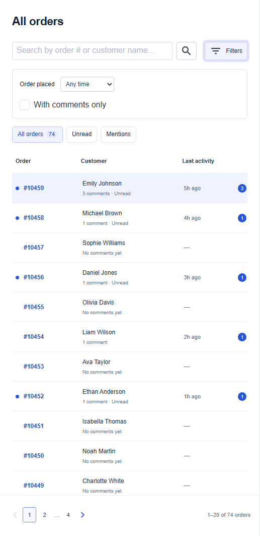 Orders filters for placement date and orders with comments