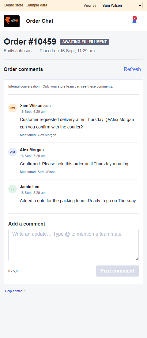 Order Chat content in the compact BigCommerce order context panel