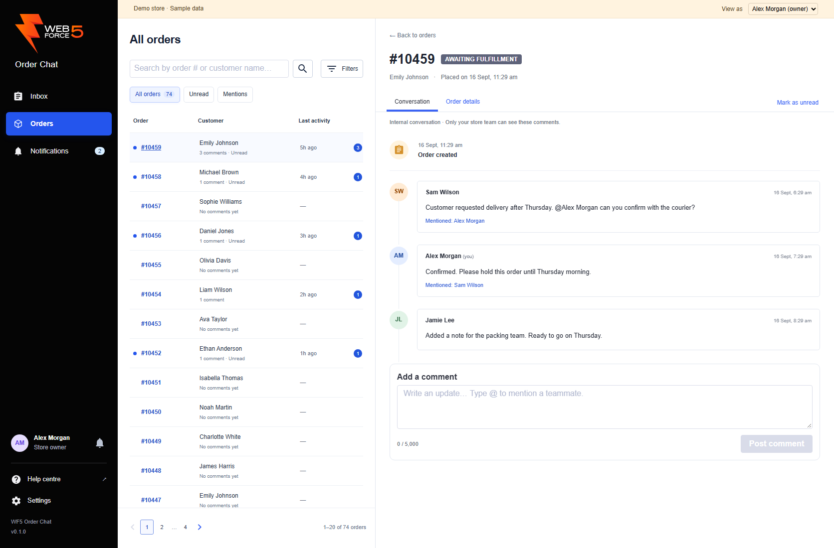 Orders list beside the selected order conversation