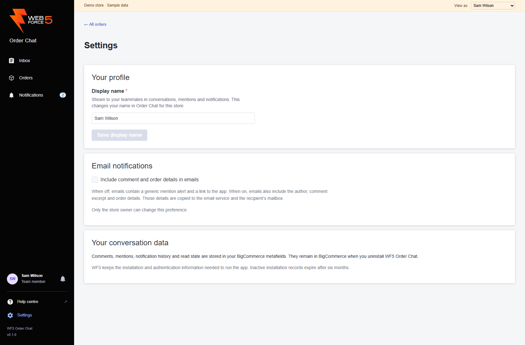 Your profile with the display name field and Save display name button