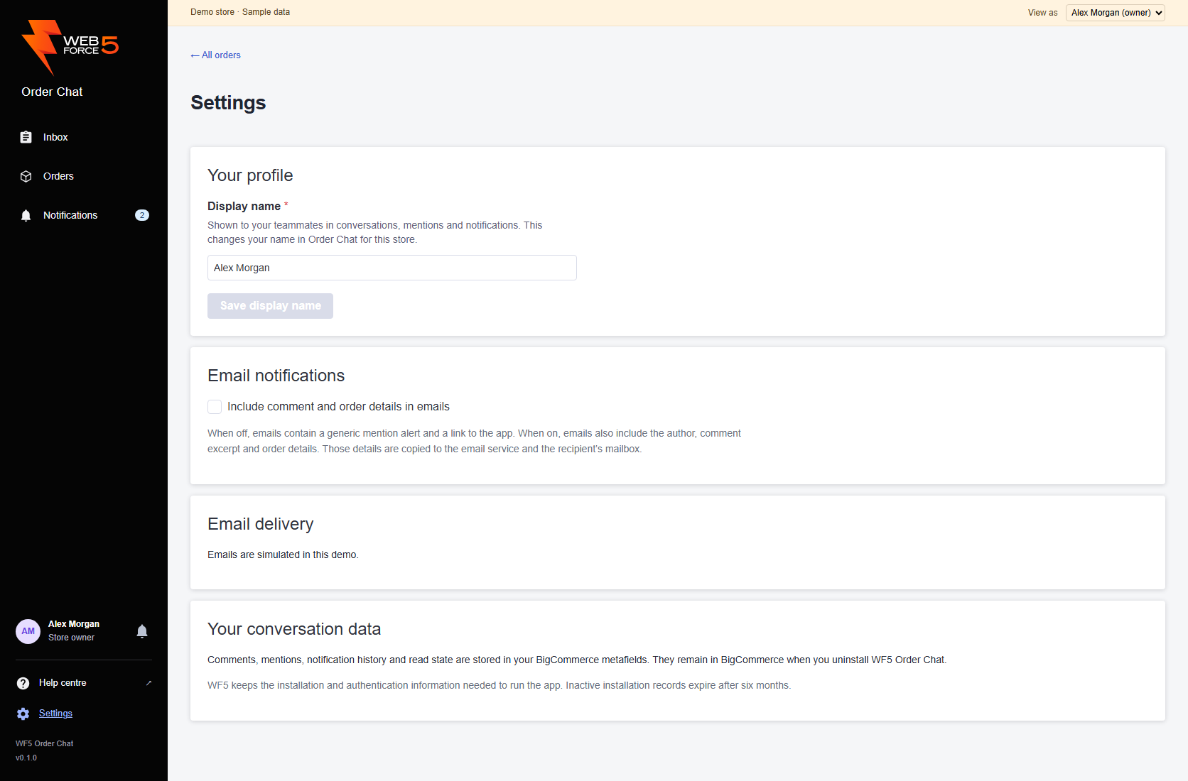 Owner settings for email content, delivery information and conversation data